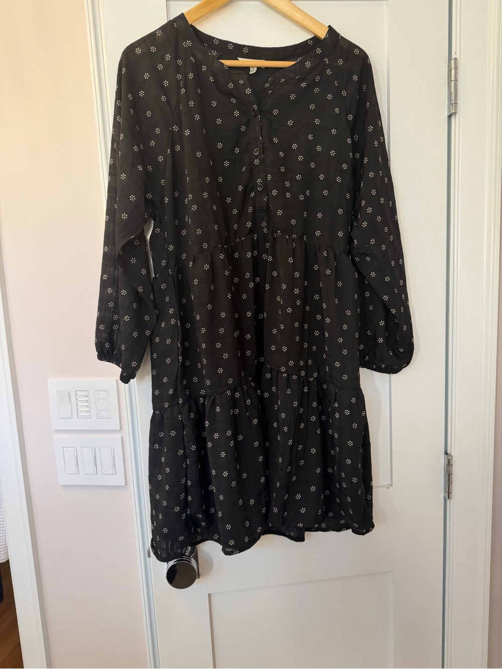 Black Floral Tiered Long-Sleeve Midi Dress by Yak and Yeti. NWOT.